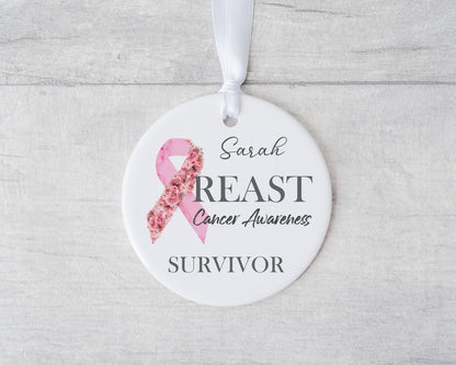 Pink Ribbon Personalised Ceramic Ornament, Breast Cancer Awareness Survivor, Never Give Up, Fuck Cancer, Floral Ribbon, Thinking of You Gift