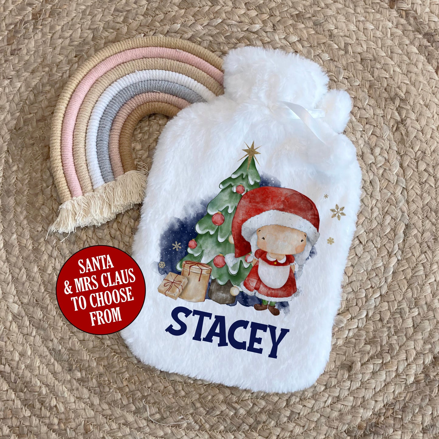 Personalised Hot Water Bottle, Christmas Gift Idea for Her or Him, Mrs Claus and Santa Design, Stocking Filler, Christmas Eve Box Idea