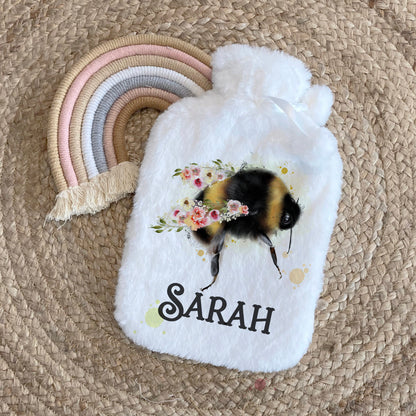 Personalised Bee Hot Water Bottle, Christmas Gift Idea for Her, Floral Stocking Filler, Gardening Idea, Gift Idea for Mum Nan Dad Grandad