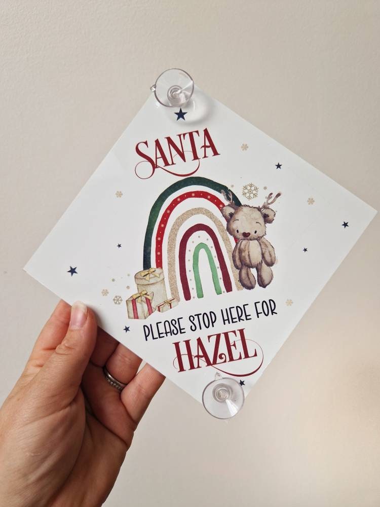 Santa Please Stop Here - Personalised Window Sign with Suction Cups, Vintage Father Christmas Rainbow, Christmas Eve Box, Stocking Filler