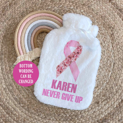 Pink Ribbon Personalised Hot Water Bottle, Breast Cancer Awareness Survivor, Never Give Up, Fuck Cancer, Floral Ribbon, Thinking of You Gift