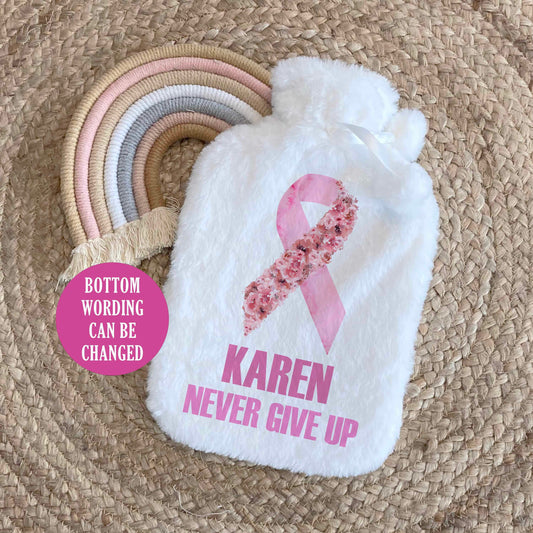 Pink Ribbon Personalised Hot Water Bottle, Breast Cancer Awareness Survivor, Never Give Up, Fuck Cancer, Floral Ribbon, Thinking of You Gift