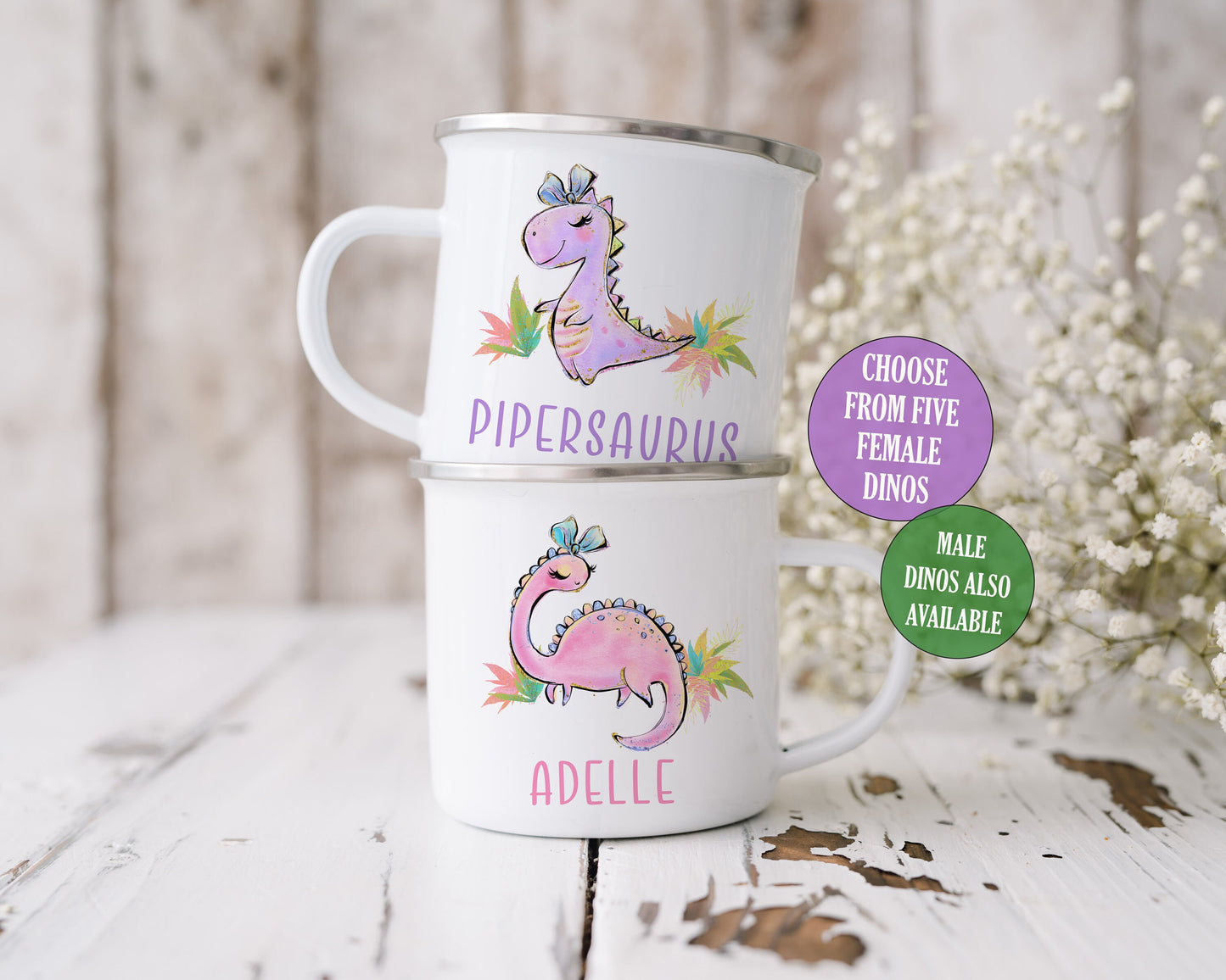 Personalised Dinosaur Mug, Enamel Mug for Kids, Camping Mug, 11 Dinosaurs to choose from for both Boys and Girls