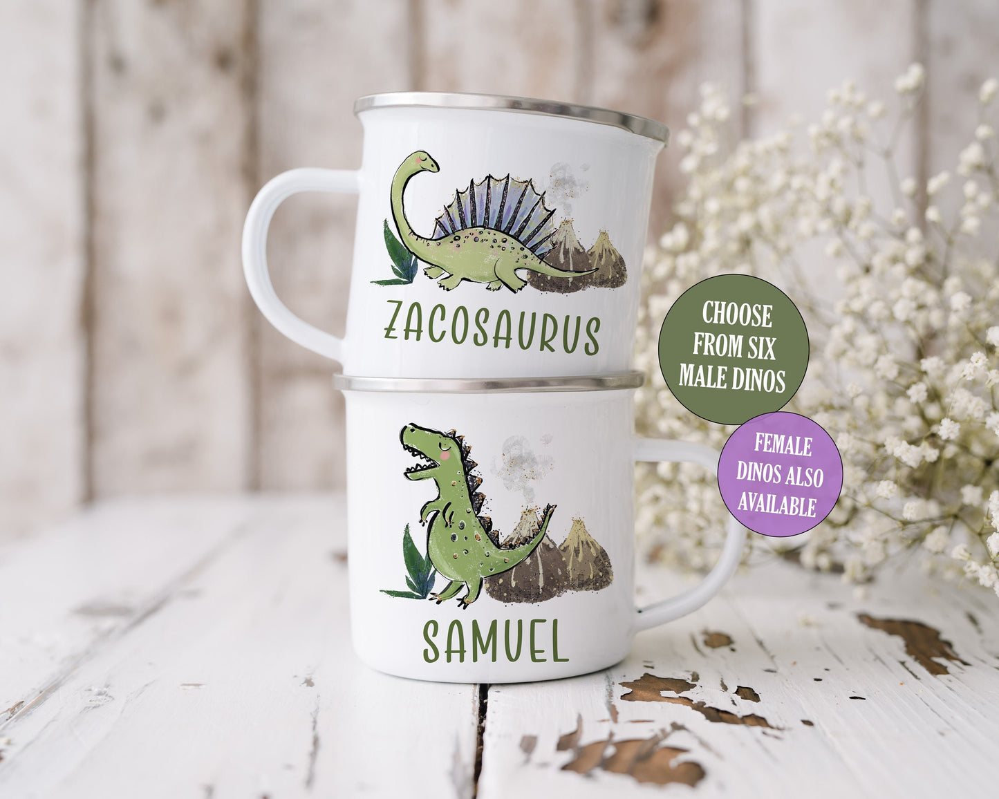 Personalised Dinosaur Mug, Enamel Mug for Kids, Camping Mug, 11 Dinosaurs to choose from for both Boys and Girls