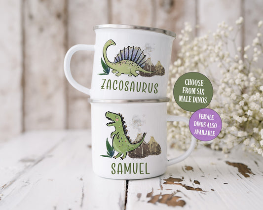 Personalised Dinosaur Mug, Enamel Mug for Kids, Camping Mug, 11 Dinosaurs to choose from for both Boys and Girls