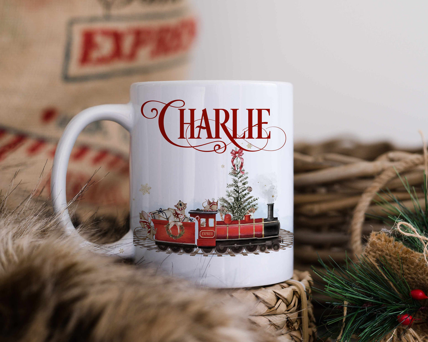 Christmas Train Mug, Personalised Unbreakable Shatterproof Mug, Stocking Filler Xmas Gift Idea, Mouse Train, Christmas Eve Box Idea