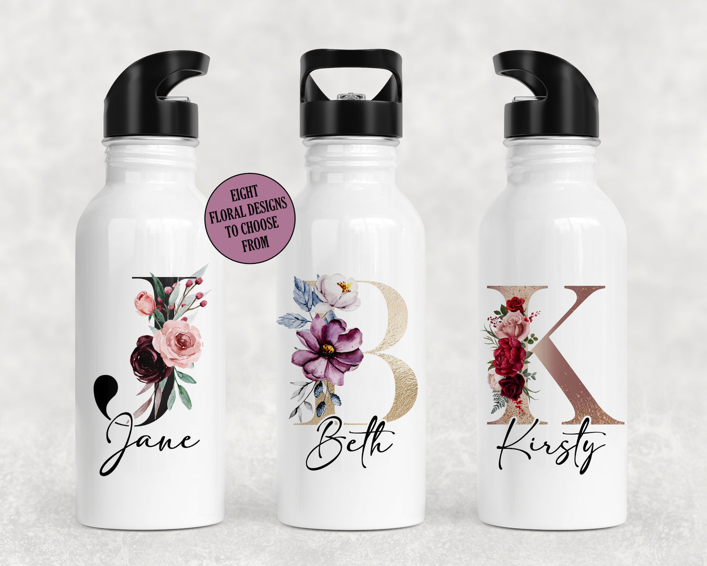 Floral Alphabet Water Bottle